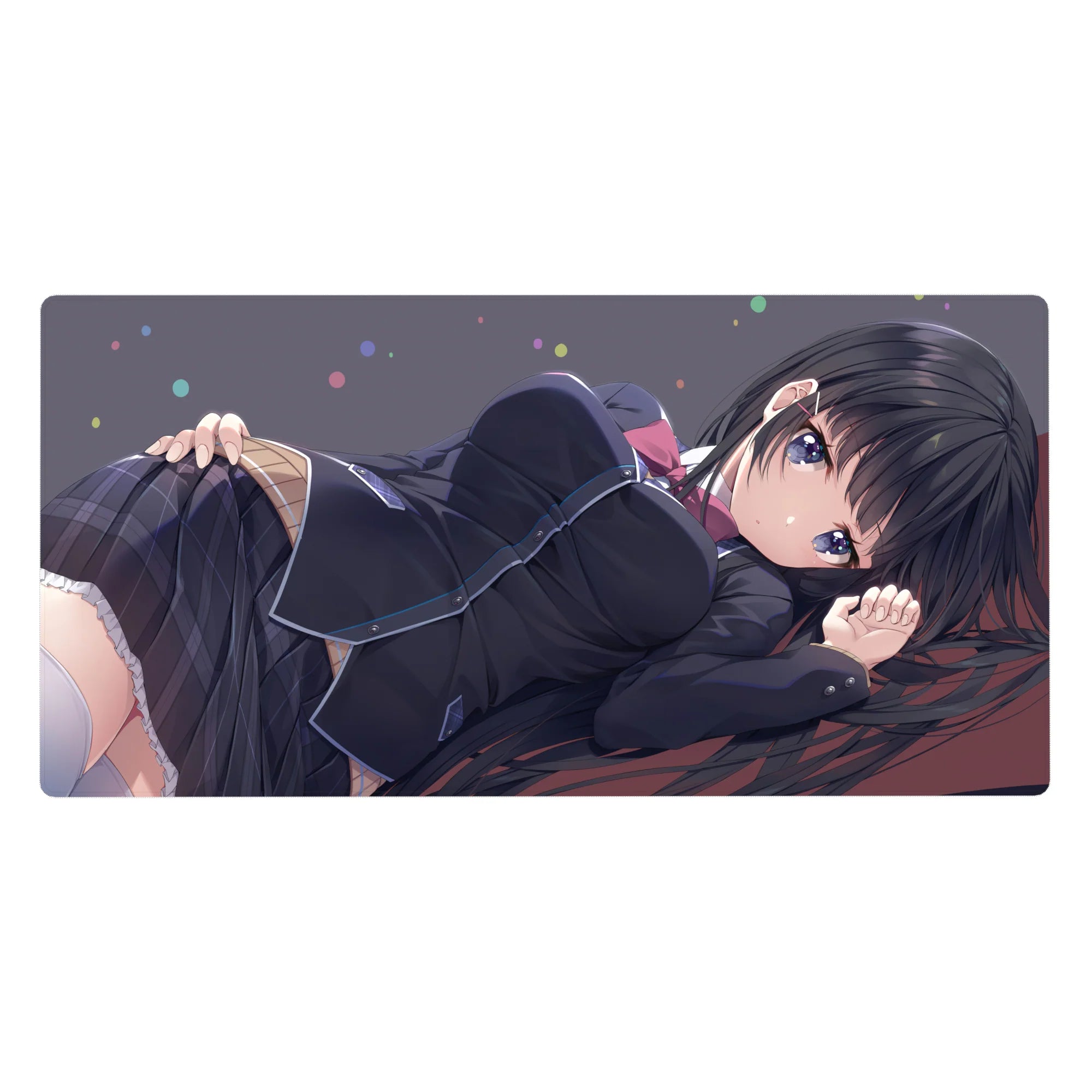 40x20 inches anime girl desk pad with long black hair, violet eyes, and sleek school uniform art.
