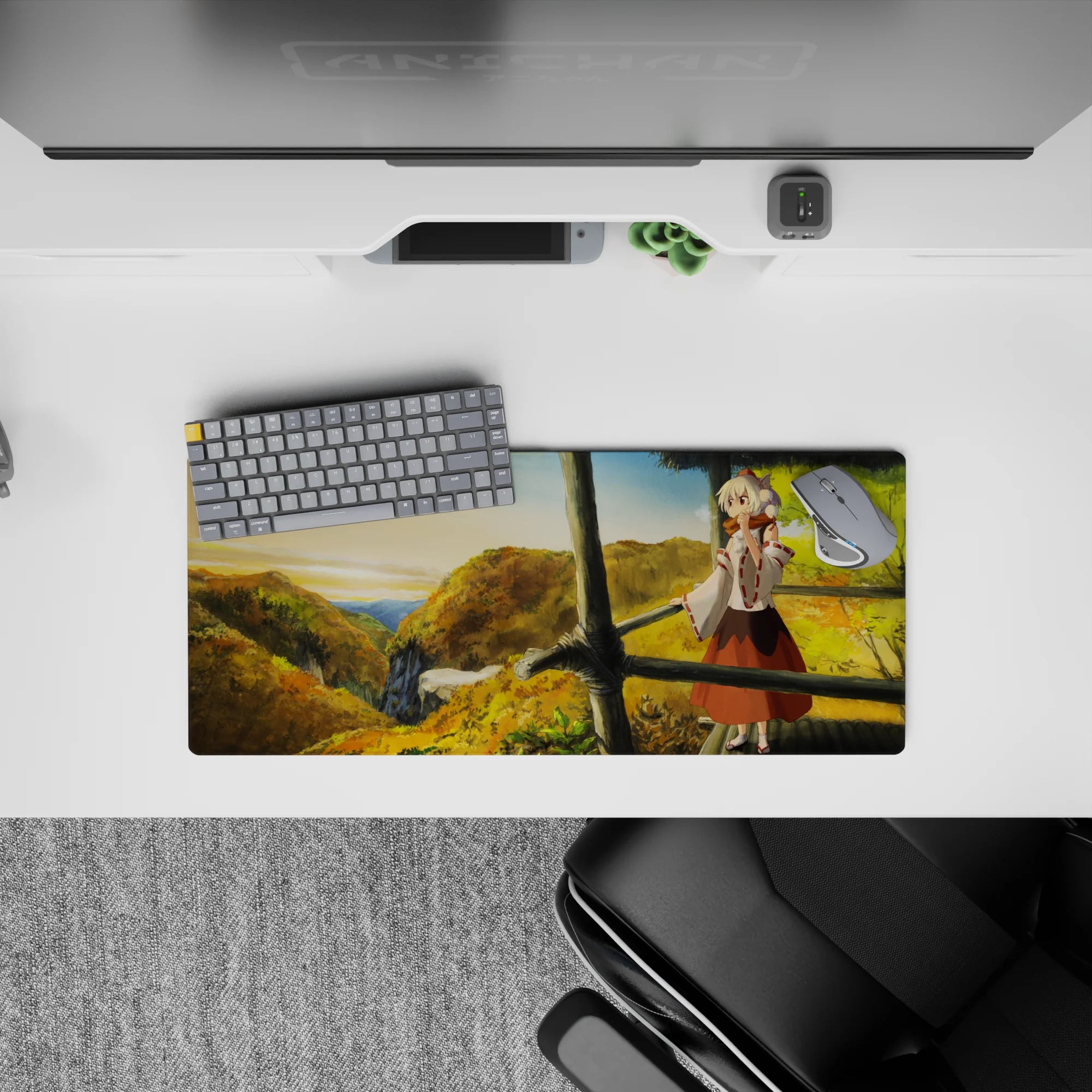 Cozy adventure anime desk mat 28x12 inches in warm golds, leafy greens, and soft sky gradients.