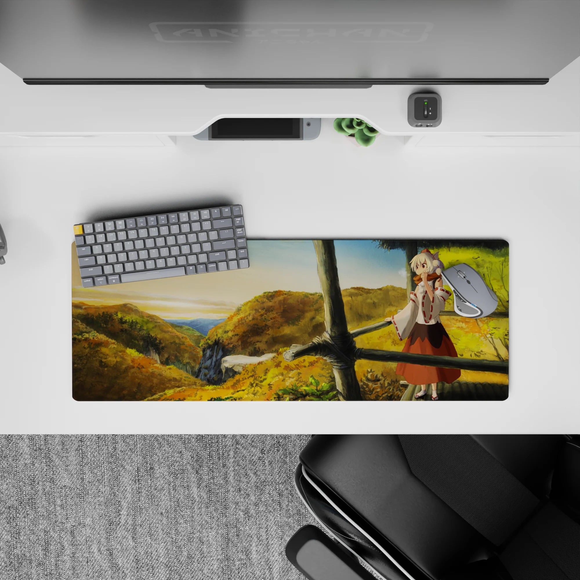 32x12 inches anime desk mouse pad in warm golds and leafy greens, cozy adventure mood with soft sky gradient.