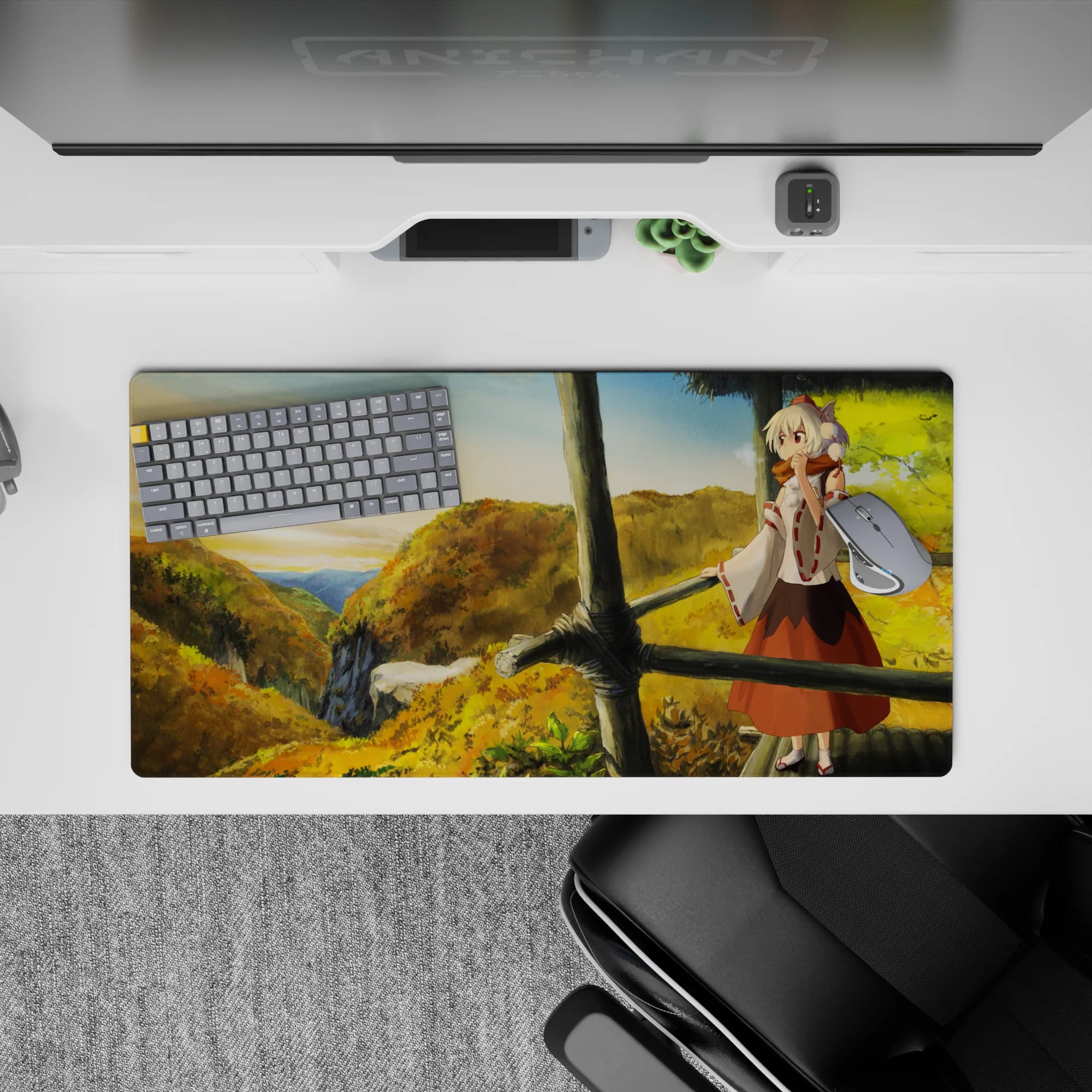Cozy anime girl mouse pad 32x16 inches in warm golds and leafy greens with soft sky gradients.