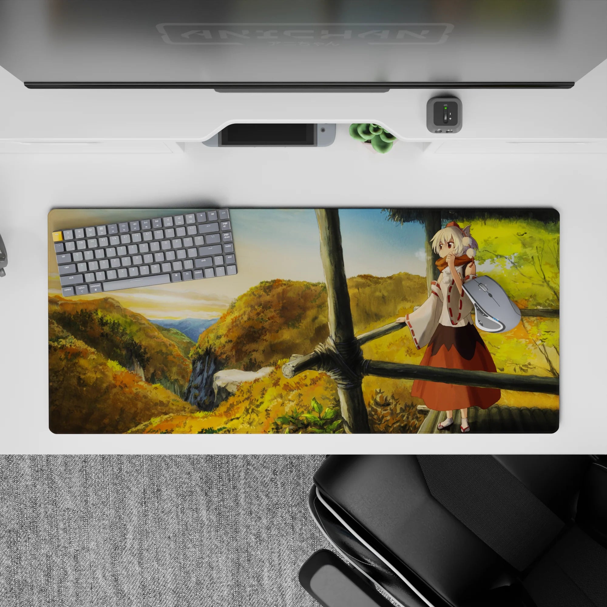 36x16 inches anime mouse pad in warm golds and leafy greens, cozy adventure mood with soft sky gradients.
