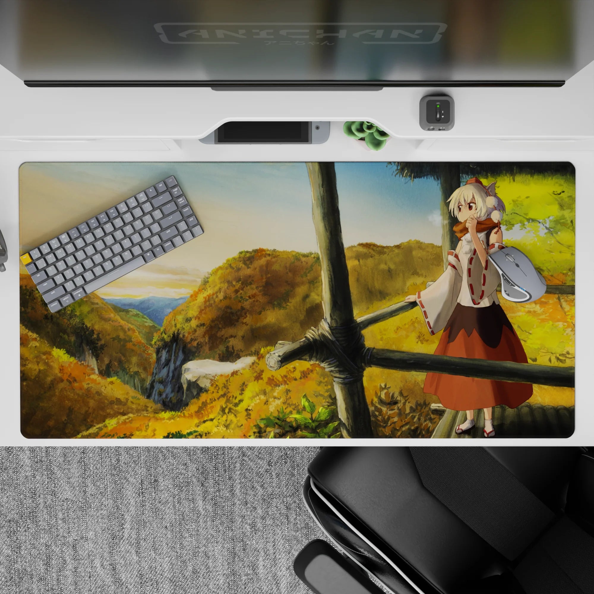 Cozy adventure anime desk pad 40x20 inches in warm golds, leafy greens, and soft sky gradients.