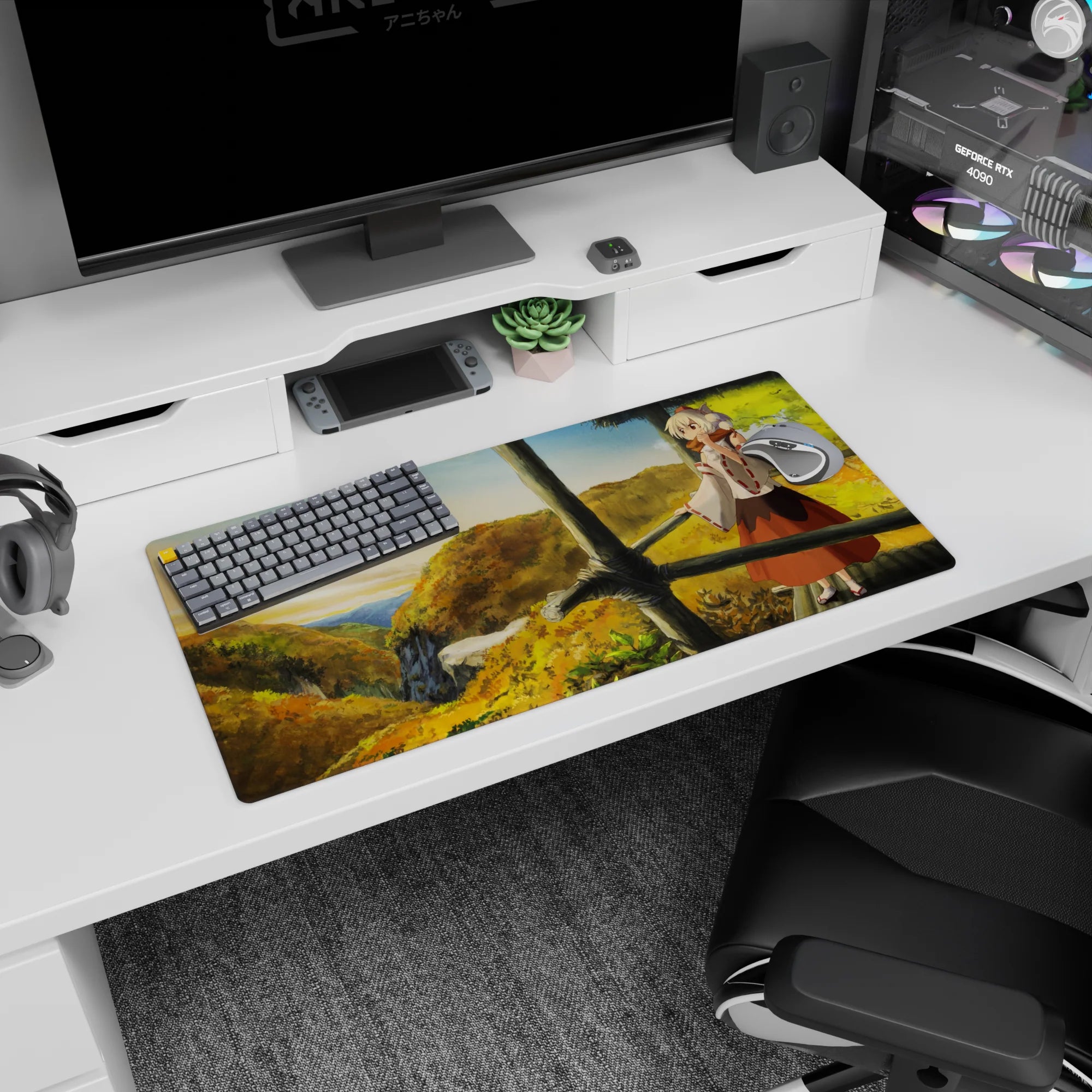 Fox-eared anime girl in scarf overlooking a misty valley on a 32x16 inches mouse pad.