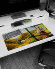 Fox-eared anime girl in scarf overlooking a misty valley on a 32x16 inches mouse pad.
