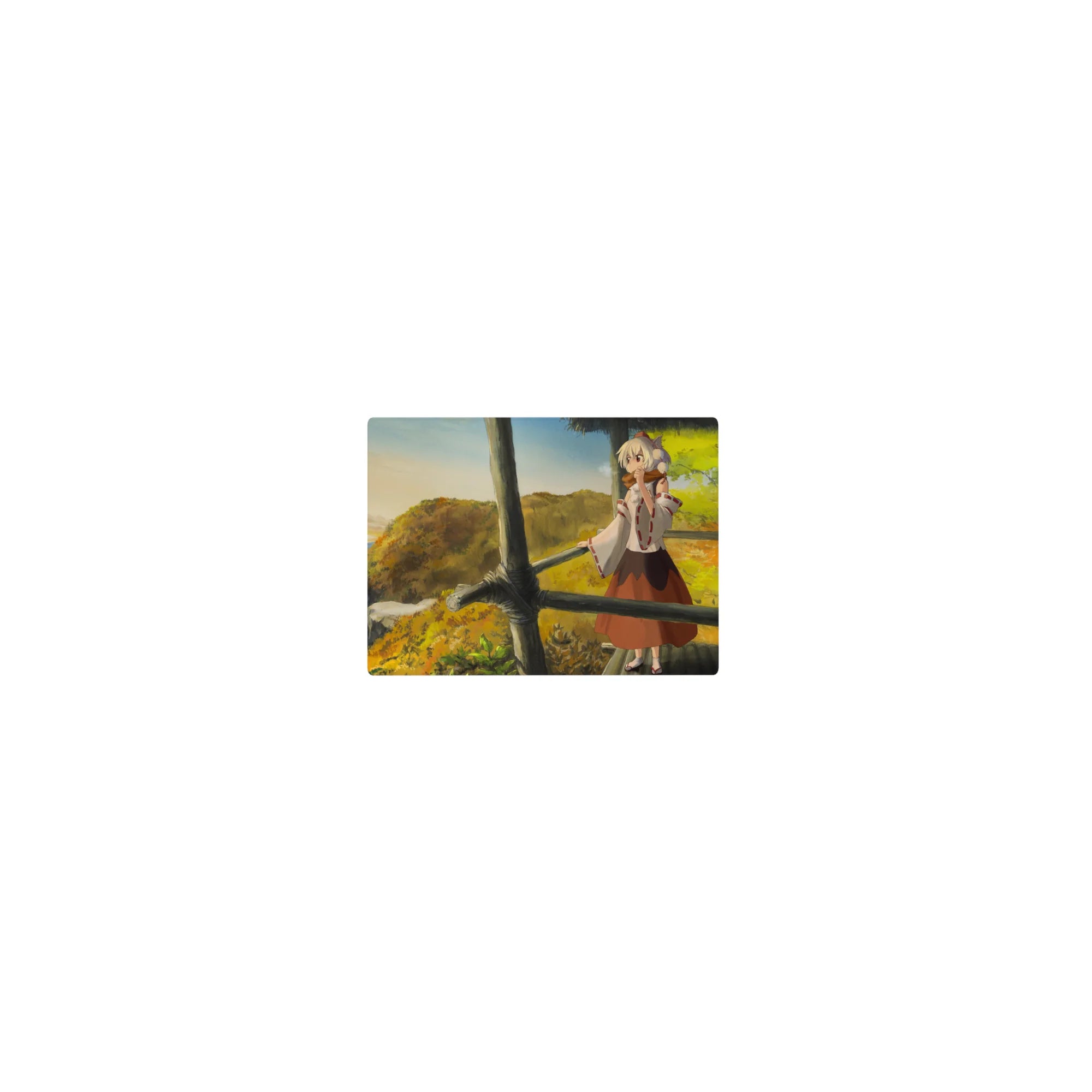 Classic anime girl mouse pad 14x10 inches with fox-eared girl in an autumn valley landscape.