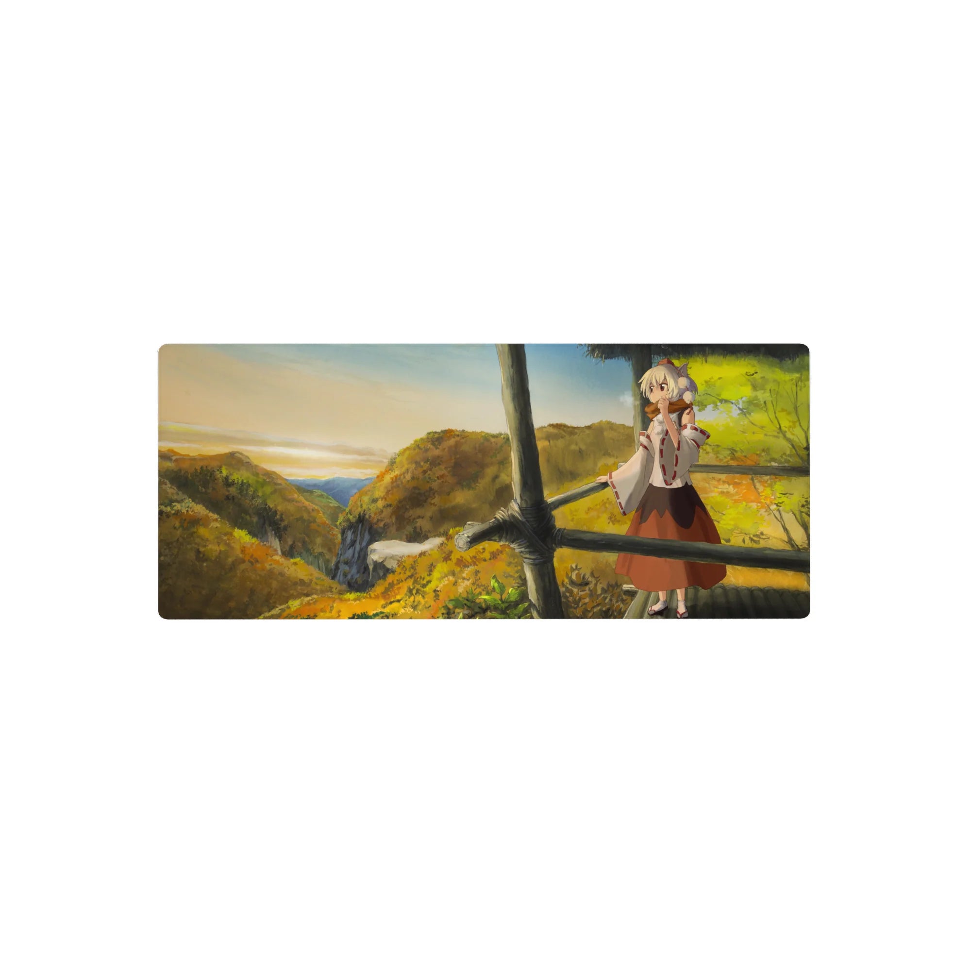 Anime girl mouse pad 28x12 inches with fox-eared girl on autumn hills above a misty valley.