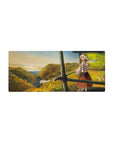 Anime girl mouse pad 28x12 inches with fox-eared girl on autumn hills above a misty valley.