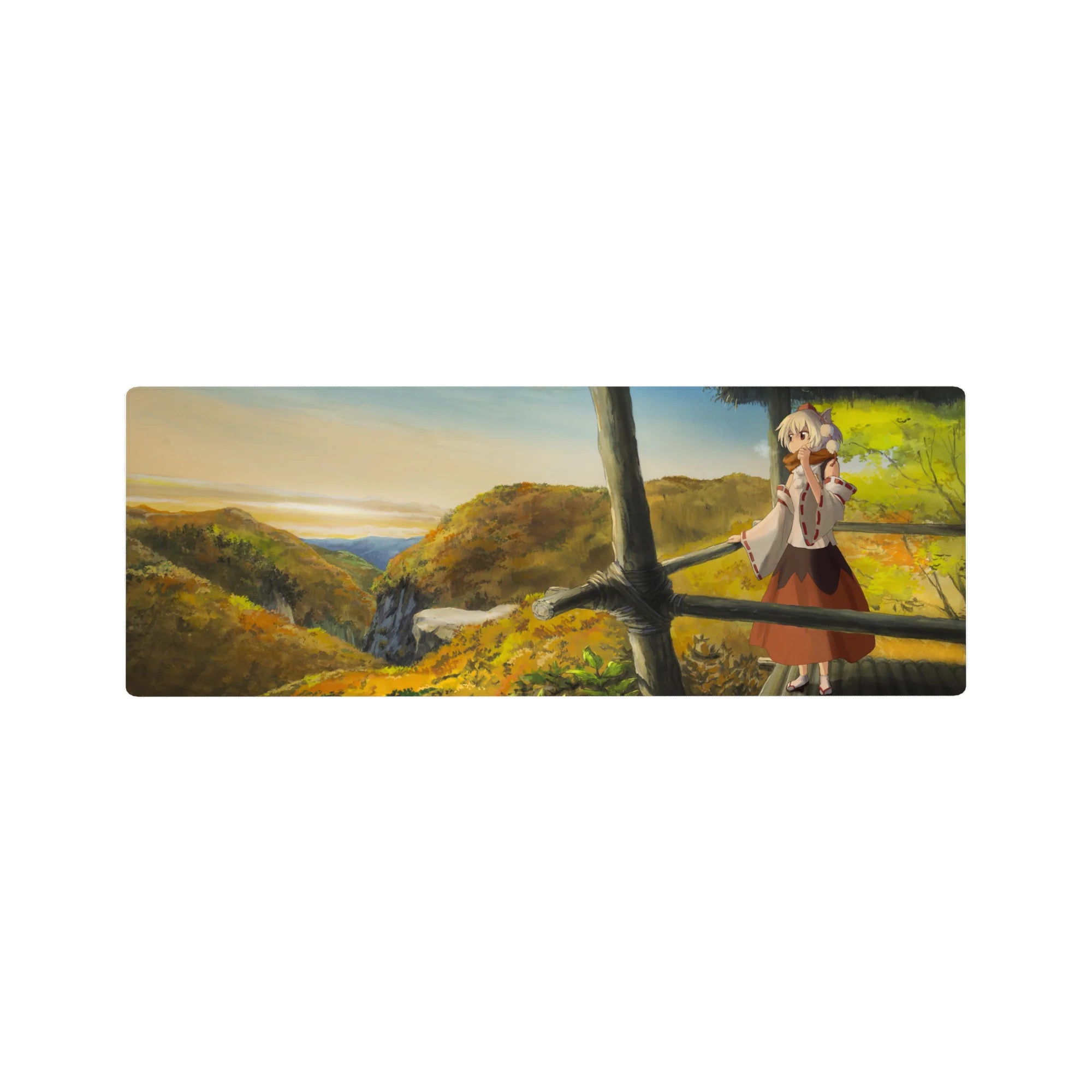 32x12 inches anime girl mouse pad with fox-eared girl in autumn hills and misty valley, hand-painted look.