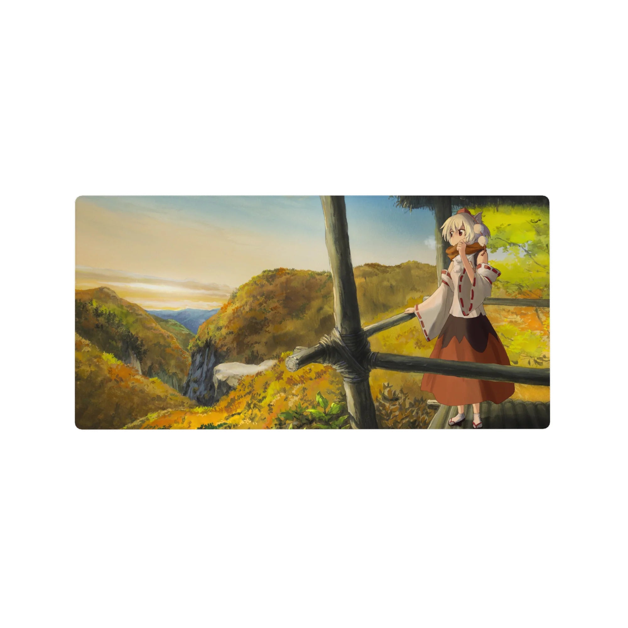 Anime girl mouse pad 32x16 inches with fox-eared traveler on autumn hills, misty valley backdrop.