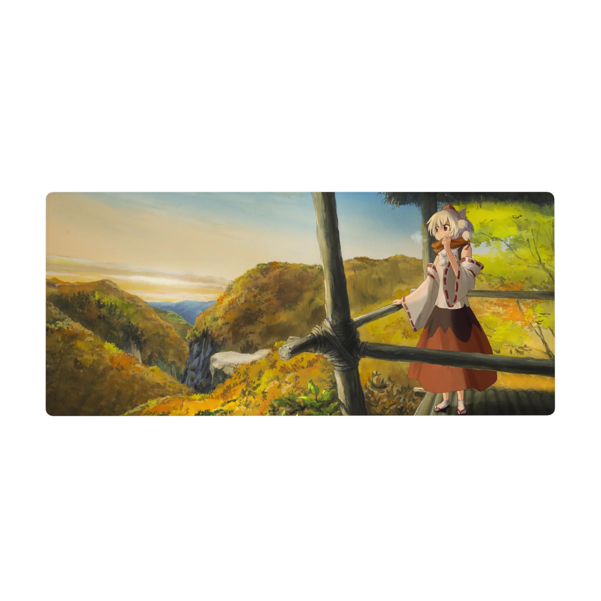 36x16 inches anime girl desk pad with fox-eared girl in misty valley, autumn hills, rustic rail texture.