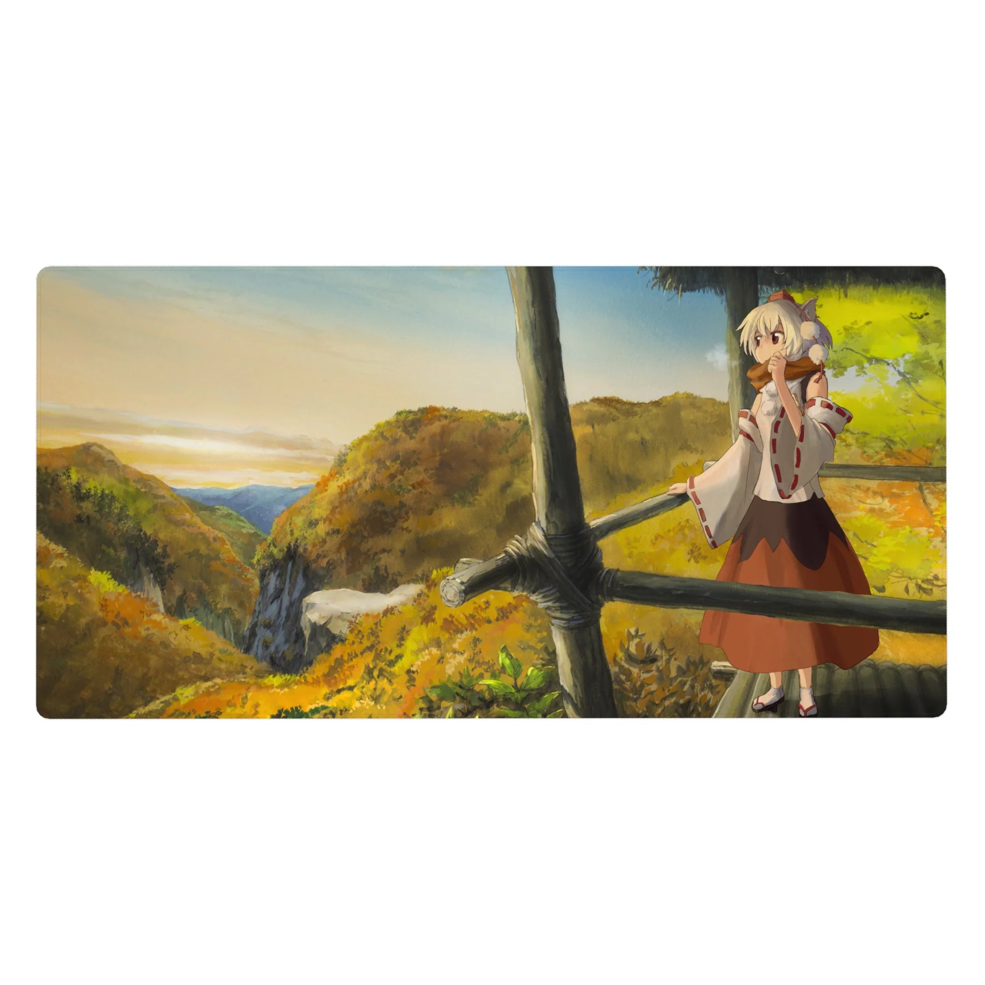 Anime girl desk pad 40x20 inches with autumn hills, misty valley, and rustic rail hand-painted texture.
