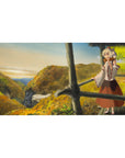 Anime girl desk pad 40x20 inches with autumn hills, misty valley, and rustic rail hand-painted texture.