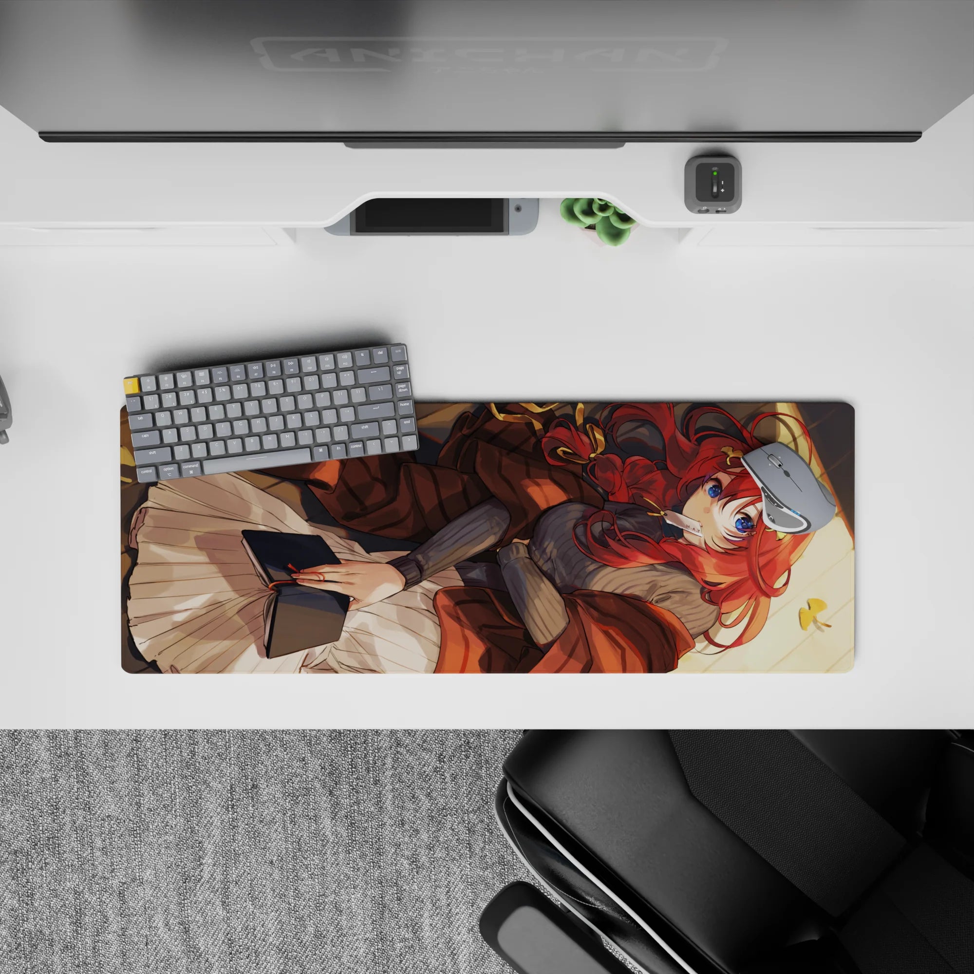 32x12 inches anime girl mouse pad in warm browns, soft creams, and sunset gold for a quiet winter vibe.