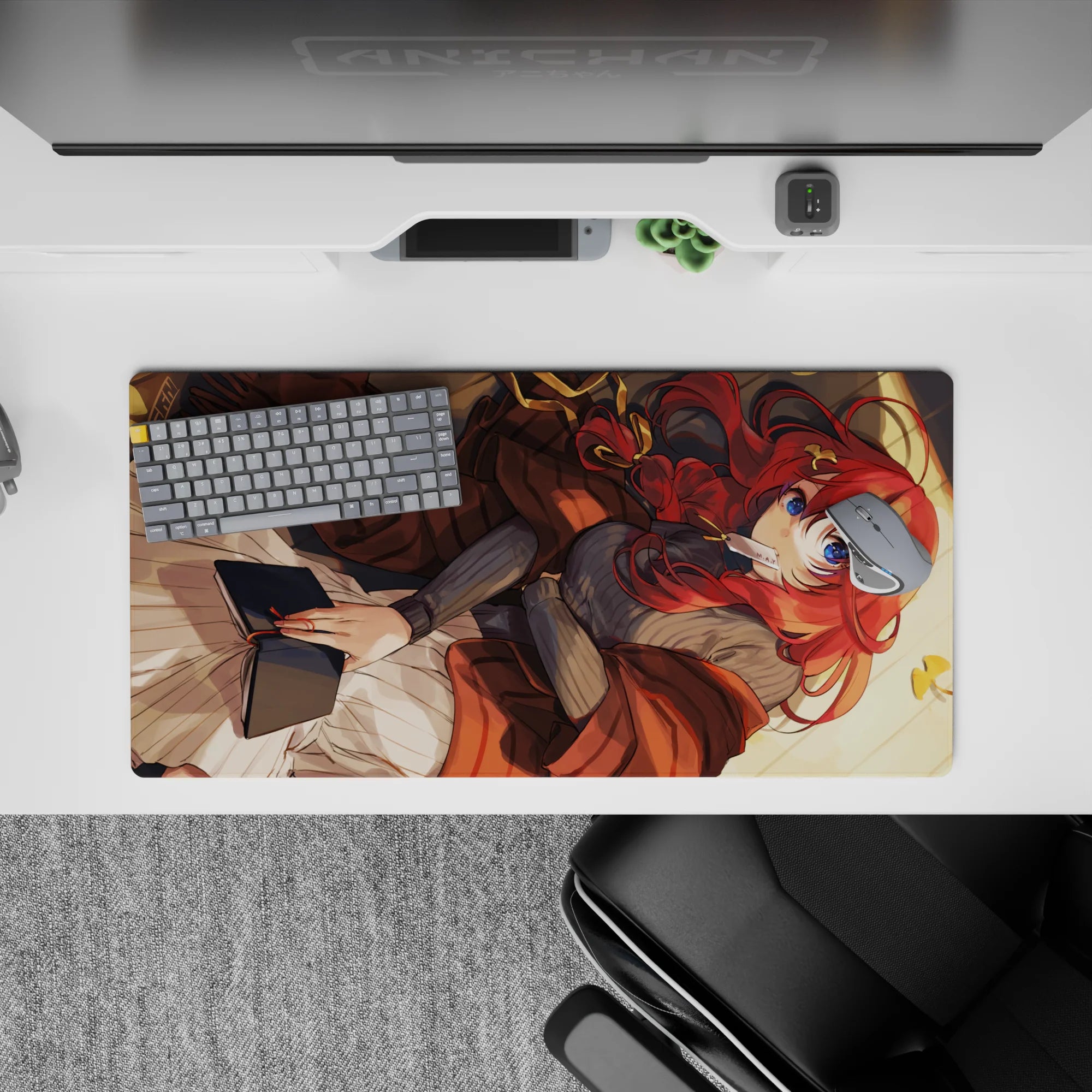 Warm brown and cream anime girl mouse pad 32x16 inches with sunset gold accents, winter-cozy vibe.