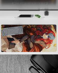 Warm brown and cream anime girl mouse pad 32x16 inches with sunset gold accents, winter-cozy vibe.