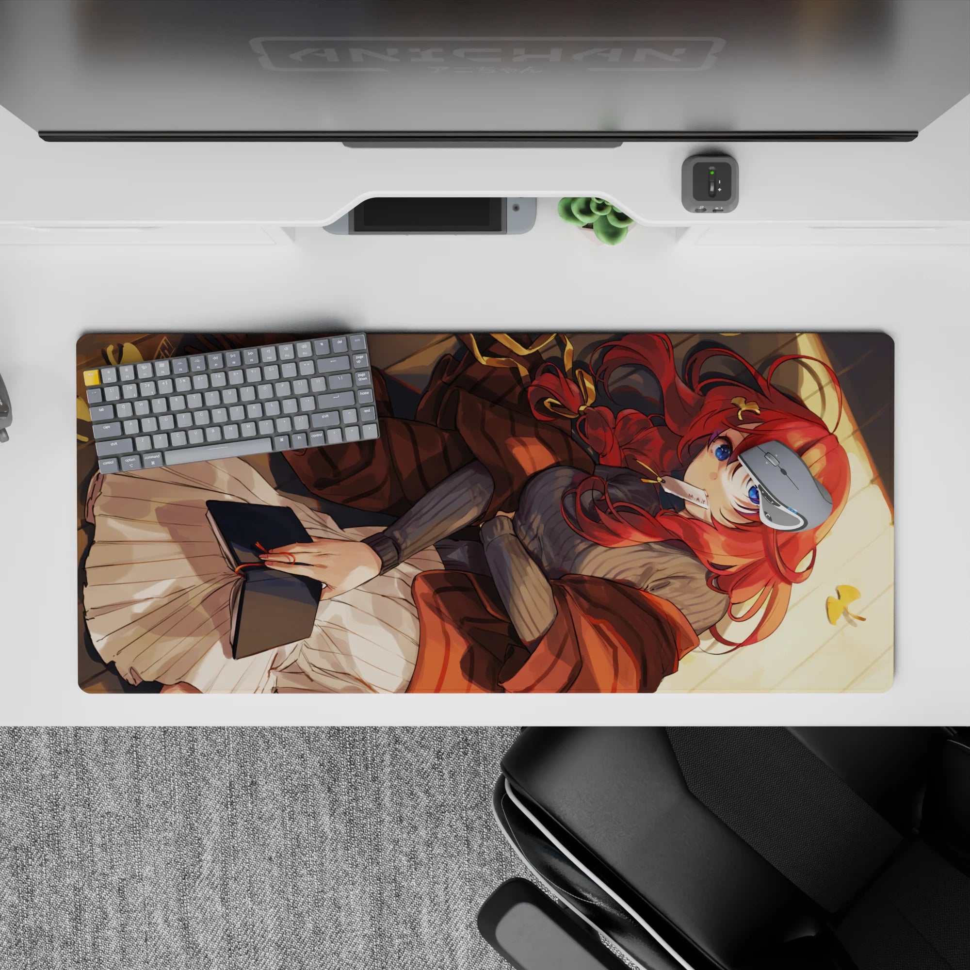 Warm brown and cream anime desk pad 36x16 inches with sunset gold accents, calm winter vibe.