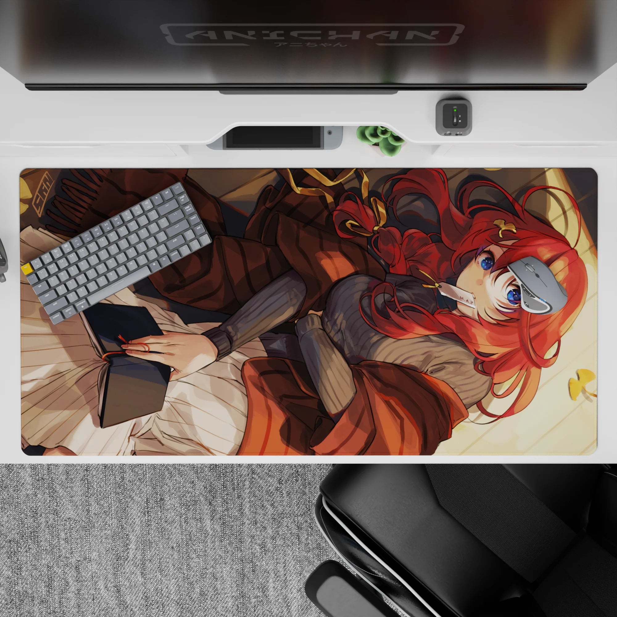 40x20 inches anime desk pad in warm browns, soft creams, and sunset gold for a calm cozy setup.