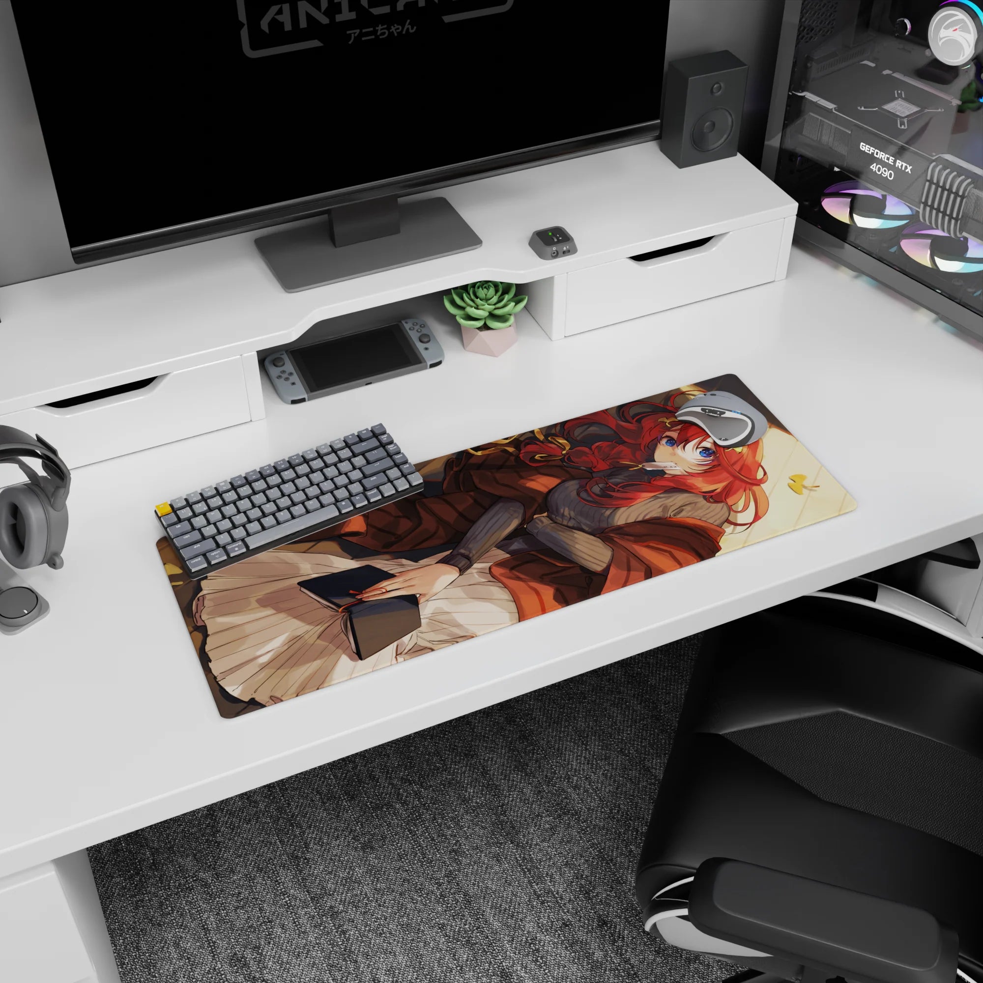 32x12 inches anime girl mouse pad showing a red-haired girl curled up reading a book, ribbons in her hair.