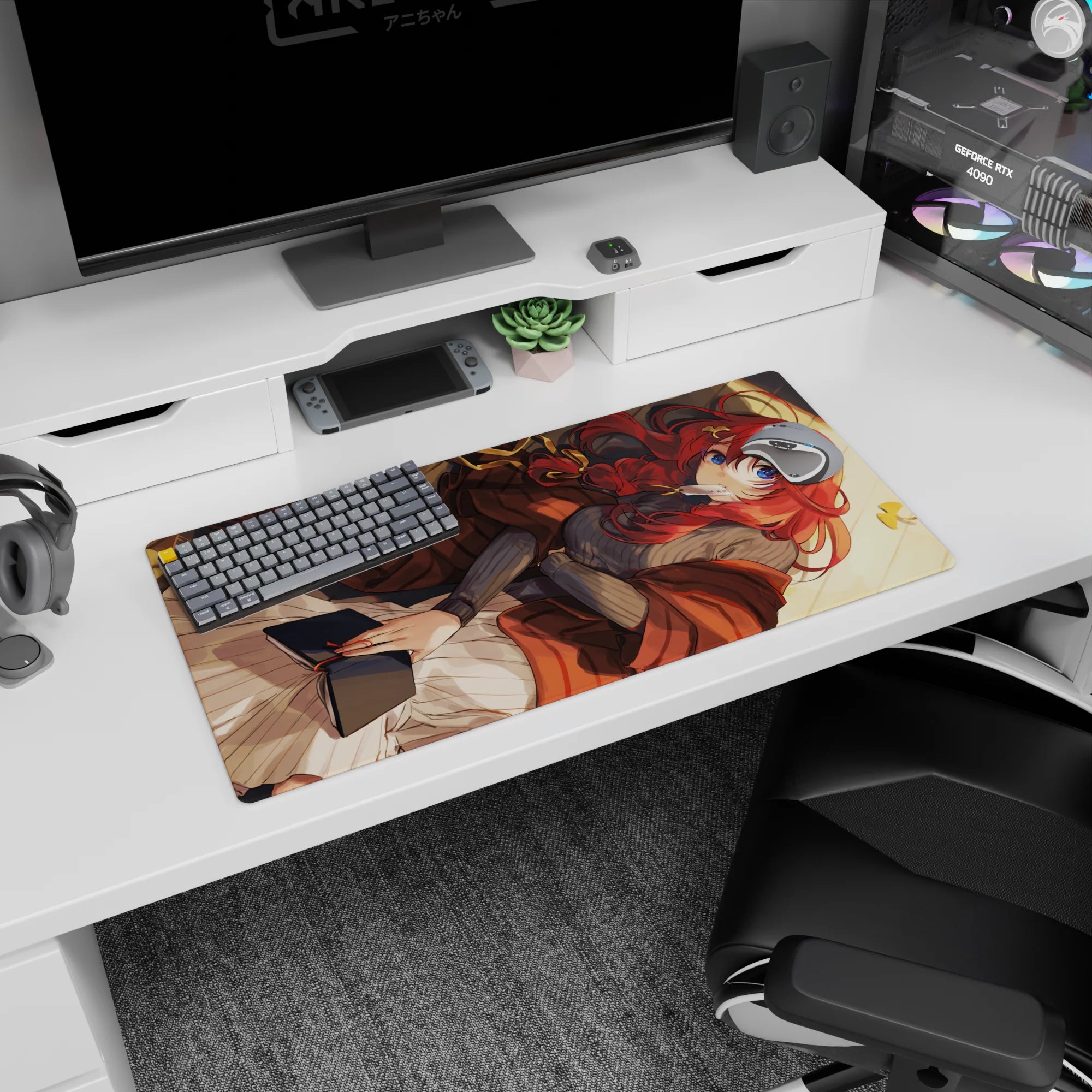 Red-haired anime girl curled up reading on a mouse pad 32x16 inches, ribbon hair and blue-eyed gaze.