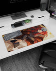 Red-haired anime girl curled up reading on a mouse pad 32x16 inches, ribbon hair and blue-eyed gaze.