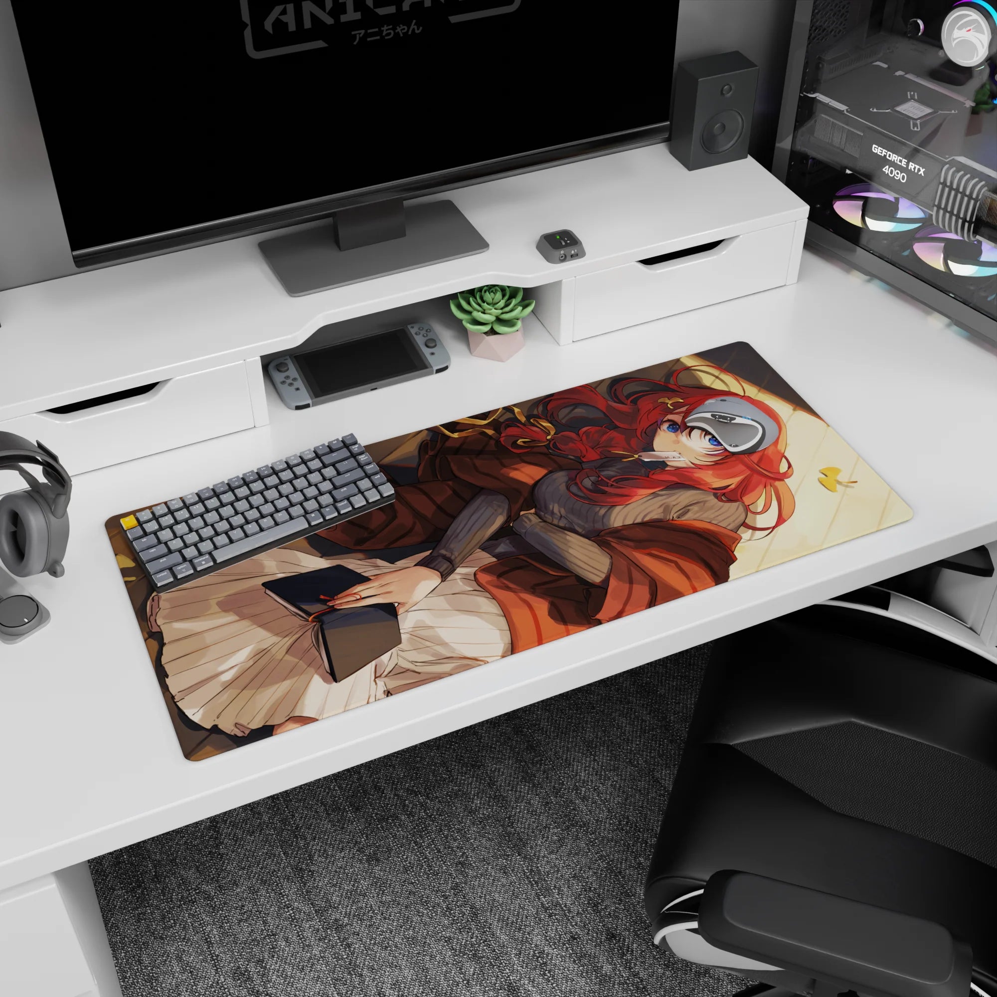 Red-haired anime girl curled with a book, ribboned hair and bright blue eyes on 36x16 inches desk pad.