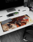Red-haired anime girl curled with a book, ribboned hair and bright blue eyes on 36x16 inches desk pad.