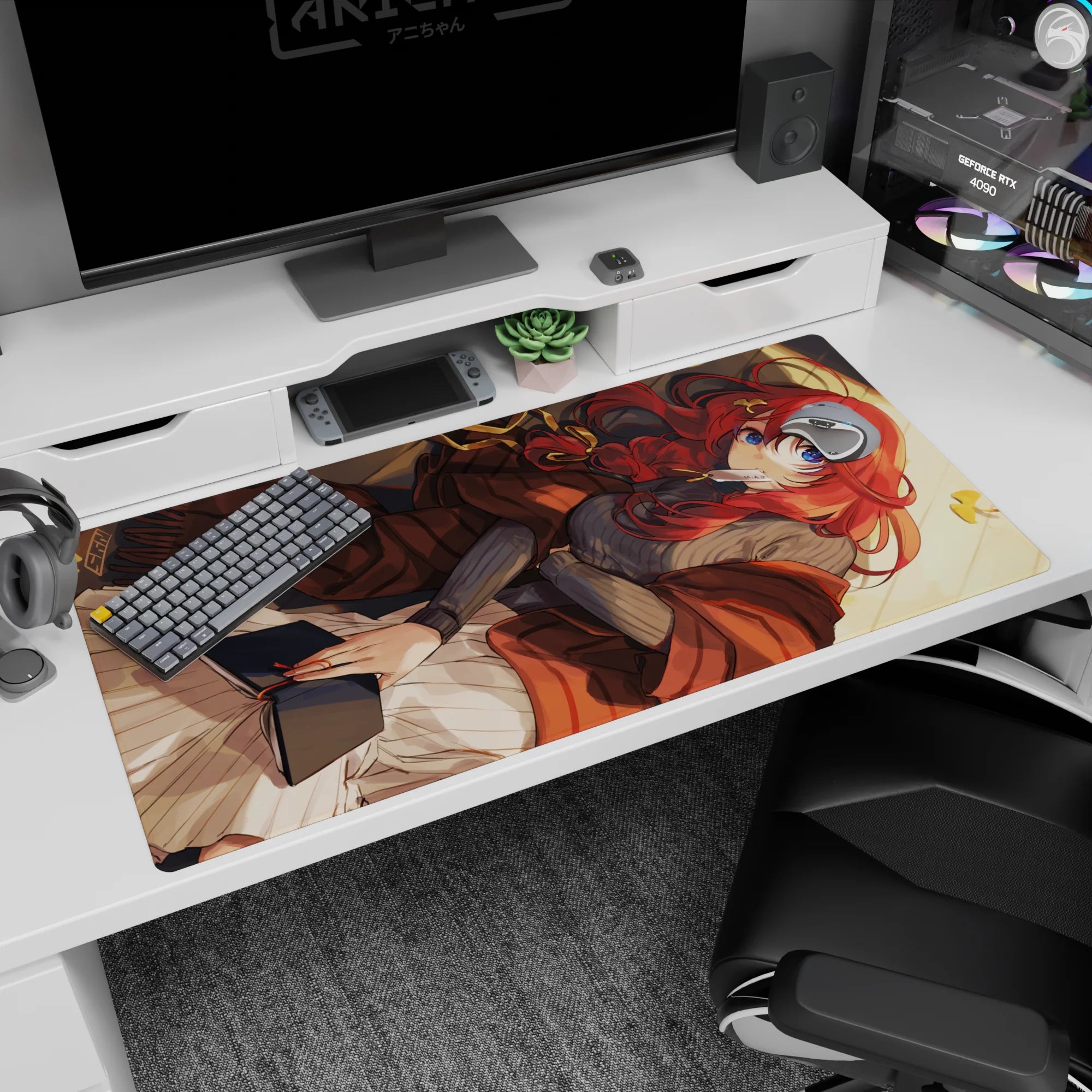 40x20 inches desk pad showing a red-haired anime girl curled up reading, ribbons in hair, bright blue eyes.