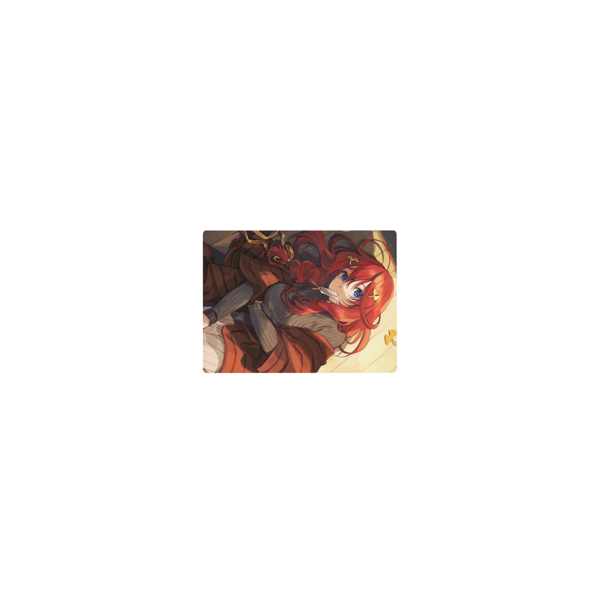 Classic anime girl mouse pad 14x10 inches with red-haired reader, ribbons, bright blue eyes, cozy style.
