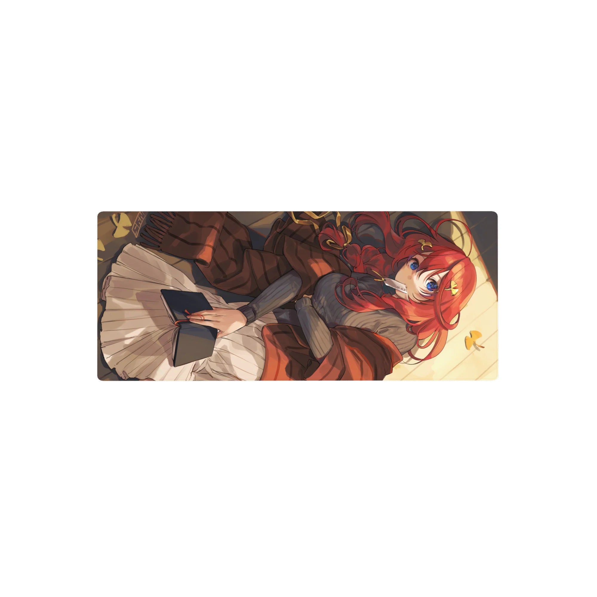 28x12 inches anime girl mouse pad with red-haired reader, ribbons, blue eyes, cozy illustration.