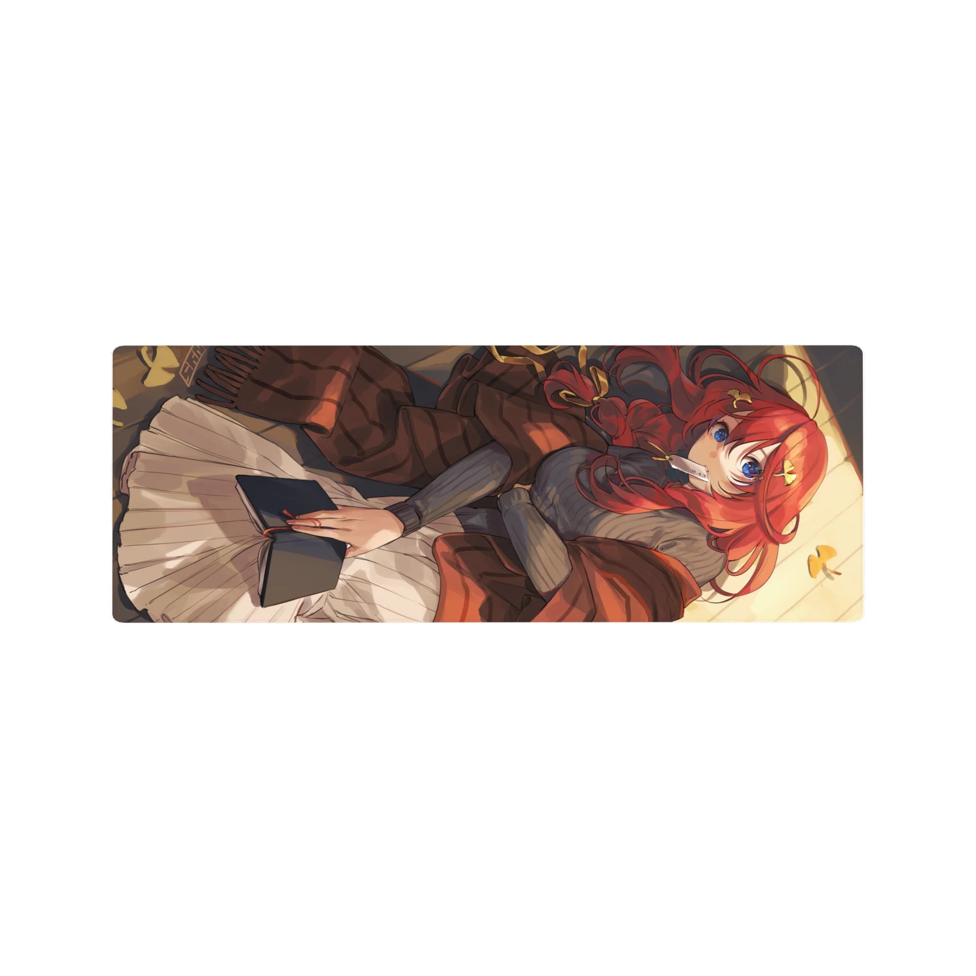 32x12 inches anime girl mouse pad with red-haired reader, ribbons, and bright blue eyes, cozy desk design.