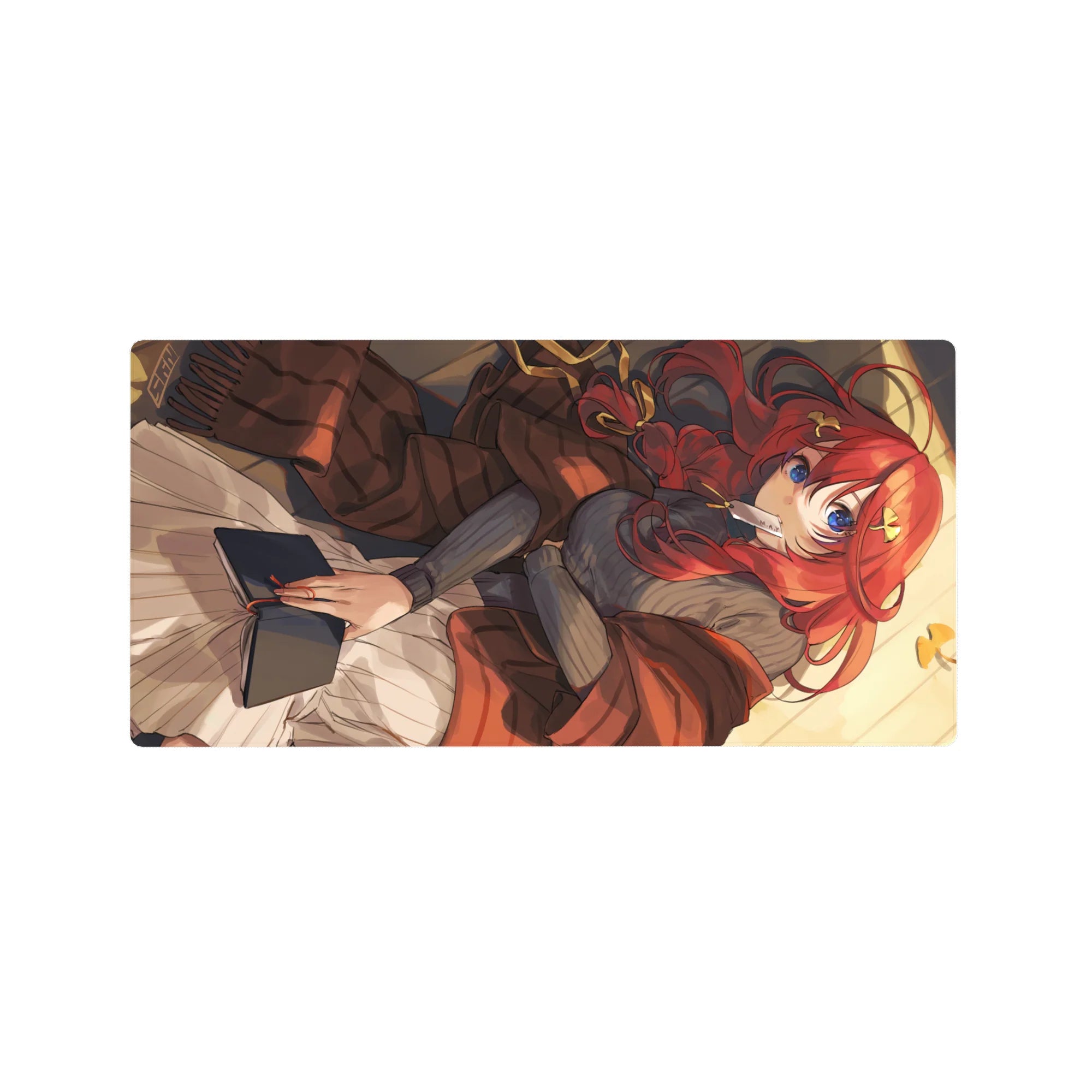Anime girl mouse pad 32x16 inches with red-haired reader, ribbons, and bright blue eyes, cozy artwork.