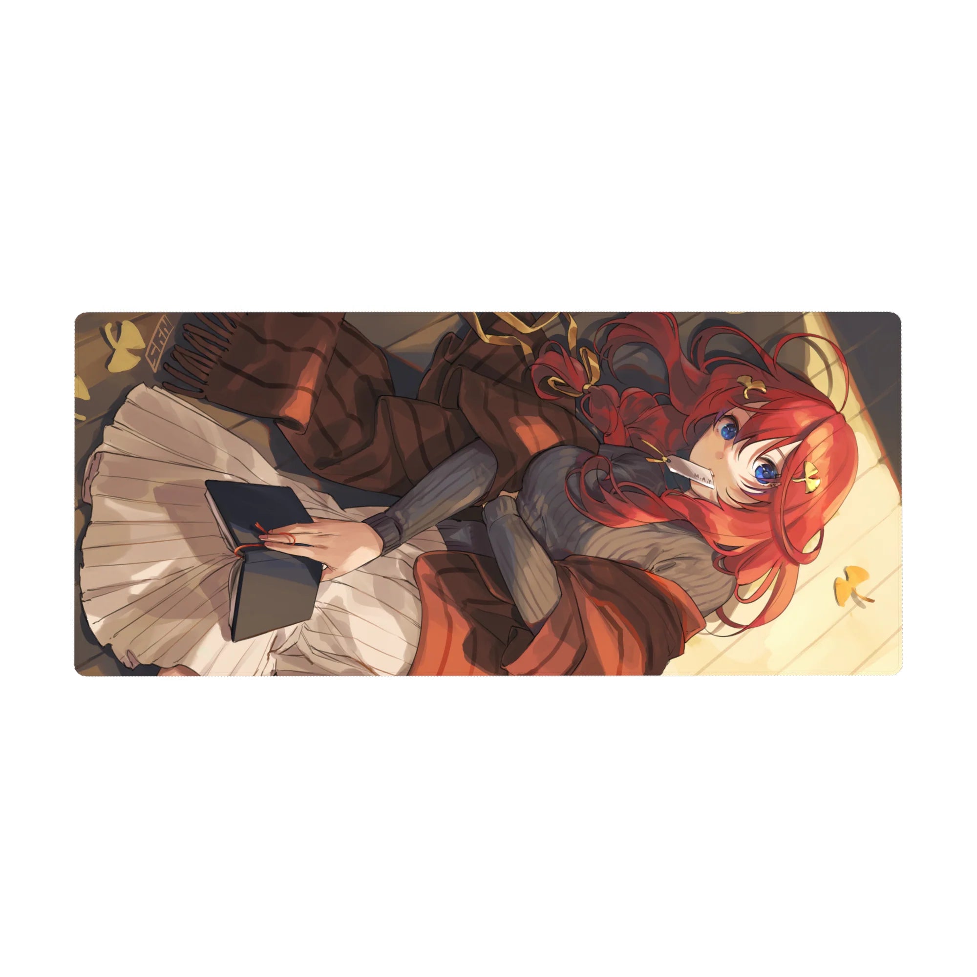 Anime girl desk pad 36x16 inches with red-haired reader, ribbons, blue eyes, cozy bookish artwork.