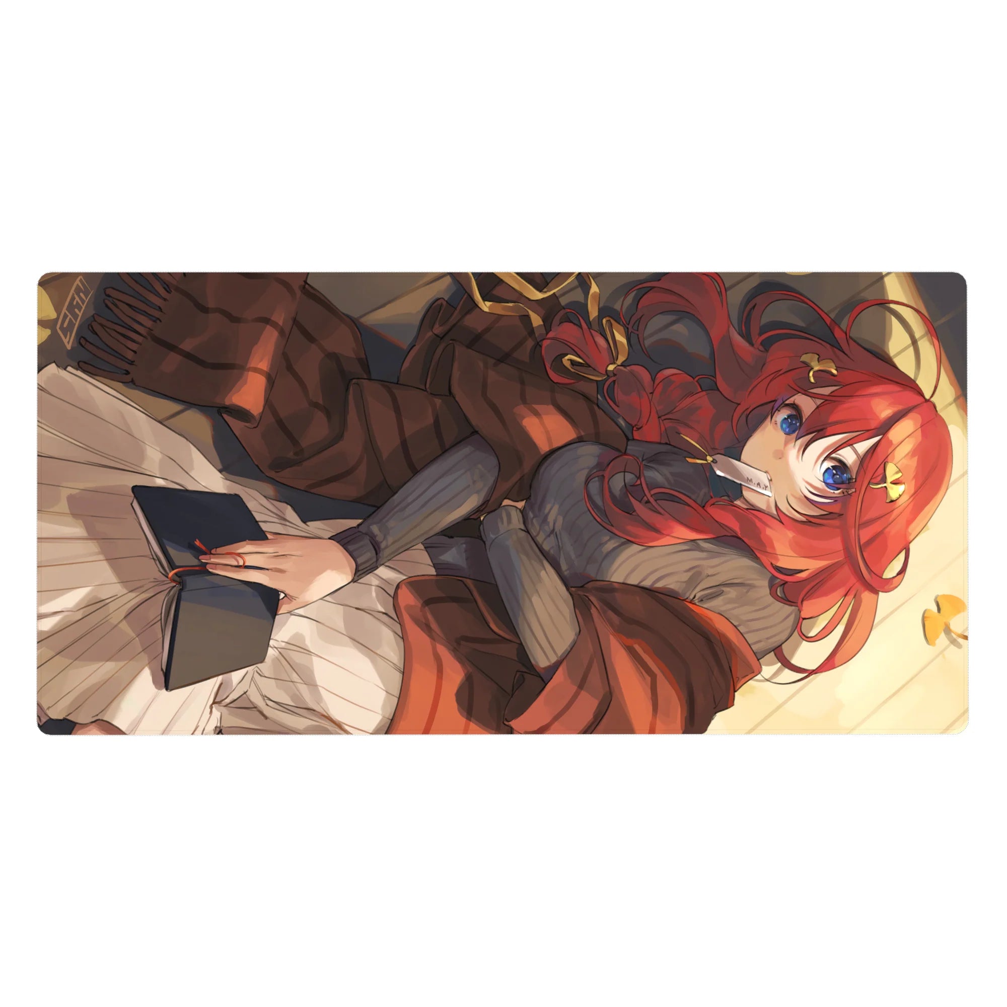 40x20 inches anime girl desk pad with red-haired reader, ribbon hair, blue eyes, cozy winter aesthetic.