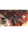 40x20 inches anime girl desk pad with red-haired reader, ribbon hair, blue eyes, cozy winter aesthetic.