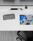 Pastel cozy adventure anime girl mouse pad 14x10 inches, bright blue sky and soft green landscape.