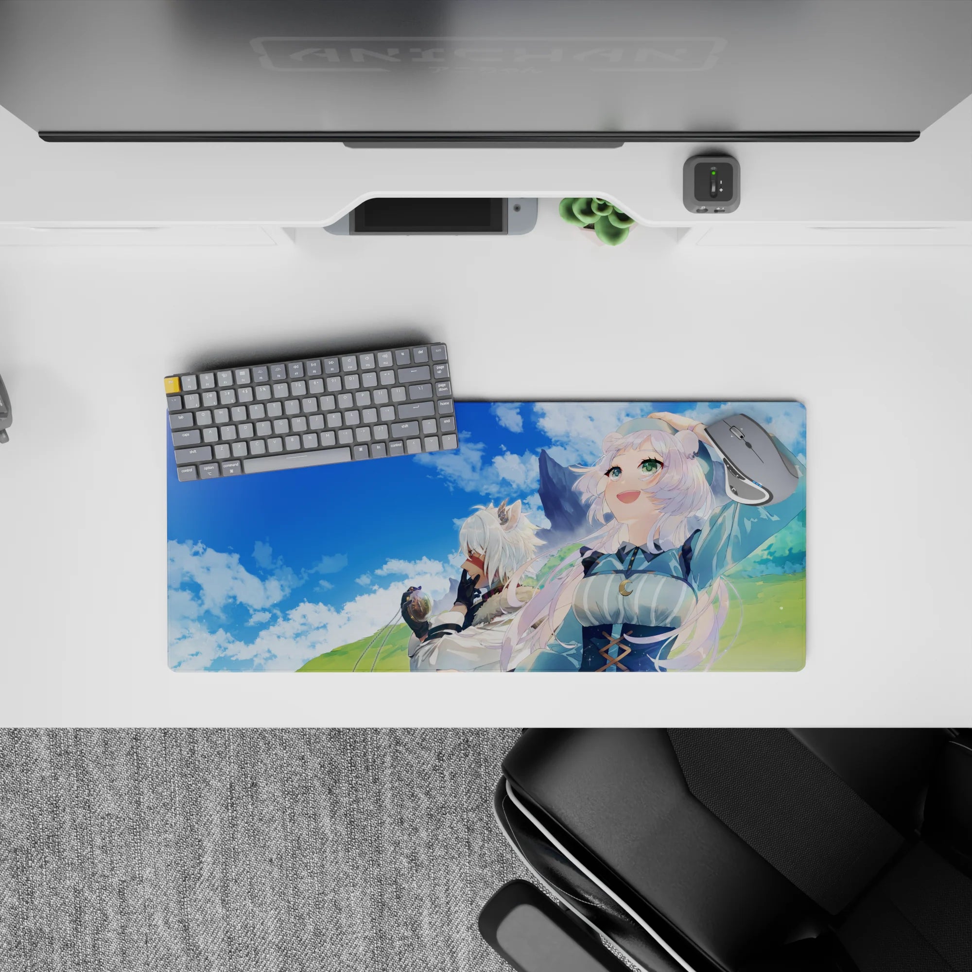 28x12 inches pastel fantasy mouse pad in sky blue and soft greens, cozy adventure vibe and breezy hair.