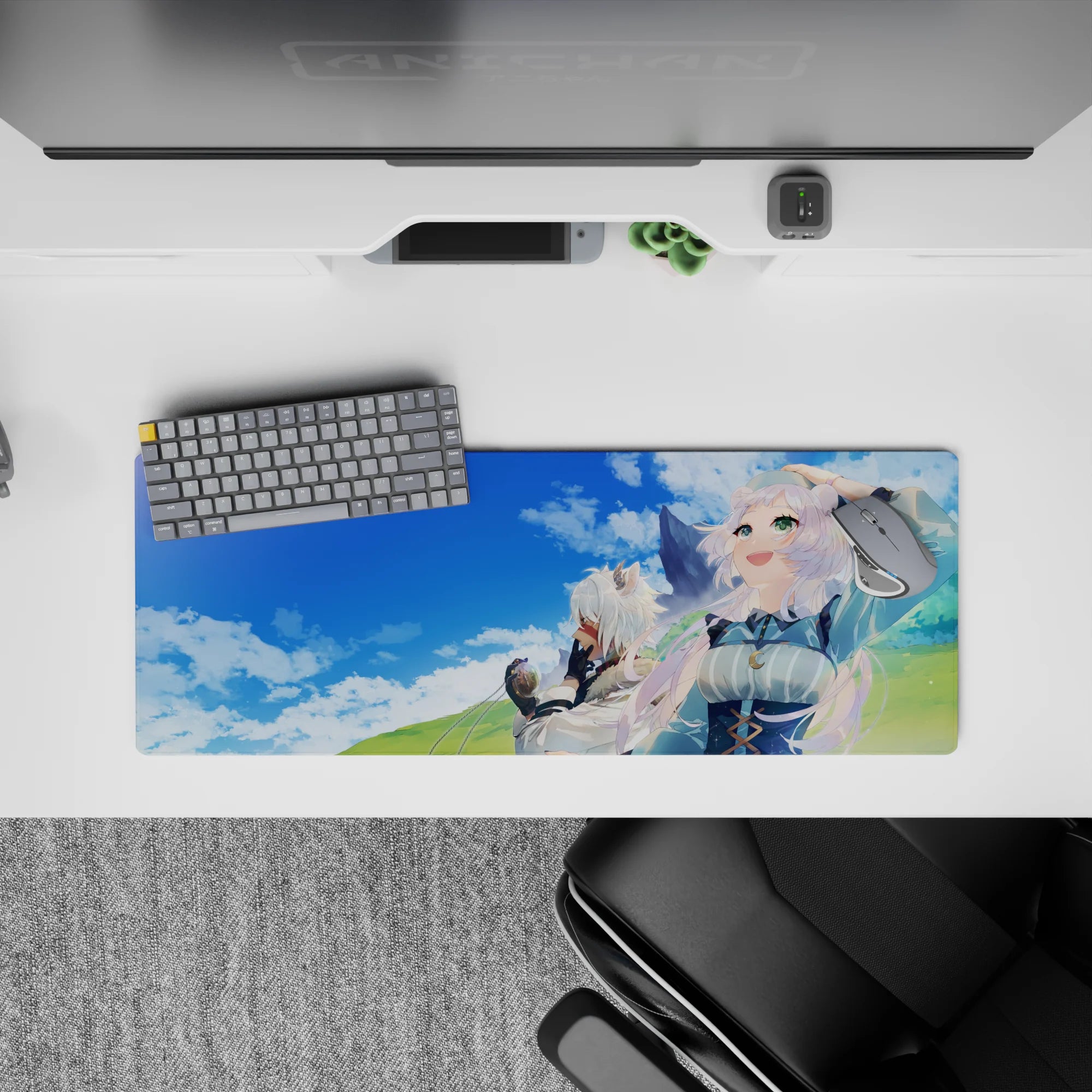 Pastel cozy adventure anime girl mouse pad 32x12 inches, bright sky blue backdrop and soft windblown hair.