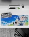 Pastel cozy adventure anime girl mouse pad 32x12 inches, bright sky blue backdrop and soft windblown hair.