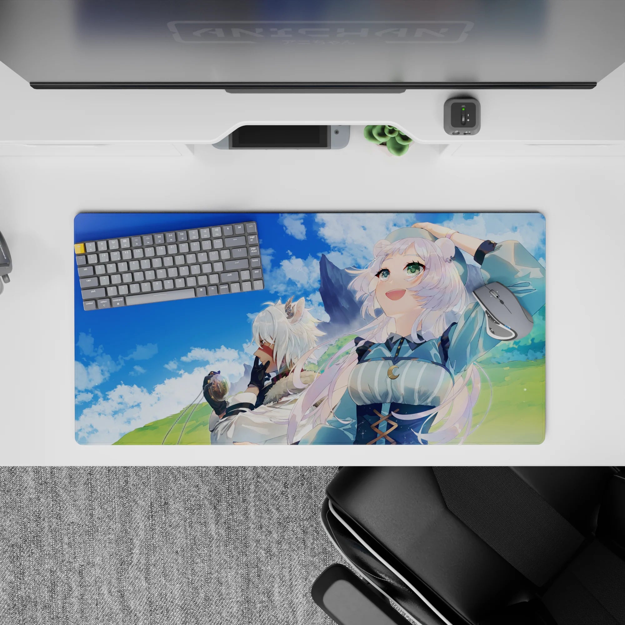 Pastel cozy adventure anime girl mouse pad, 32x16 inches, bright blue sky, soft greens, dreamy windblown hair.