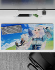 Pastel cozy adventure anime girl mouse pad, 32x16 inches, bright blue sky, soft greens, dreamy windblown hair.