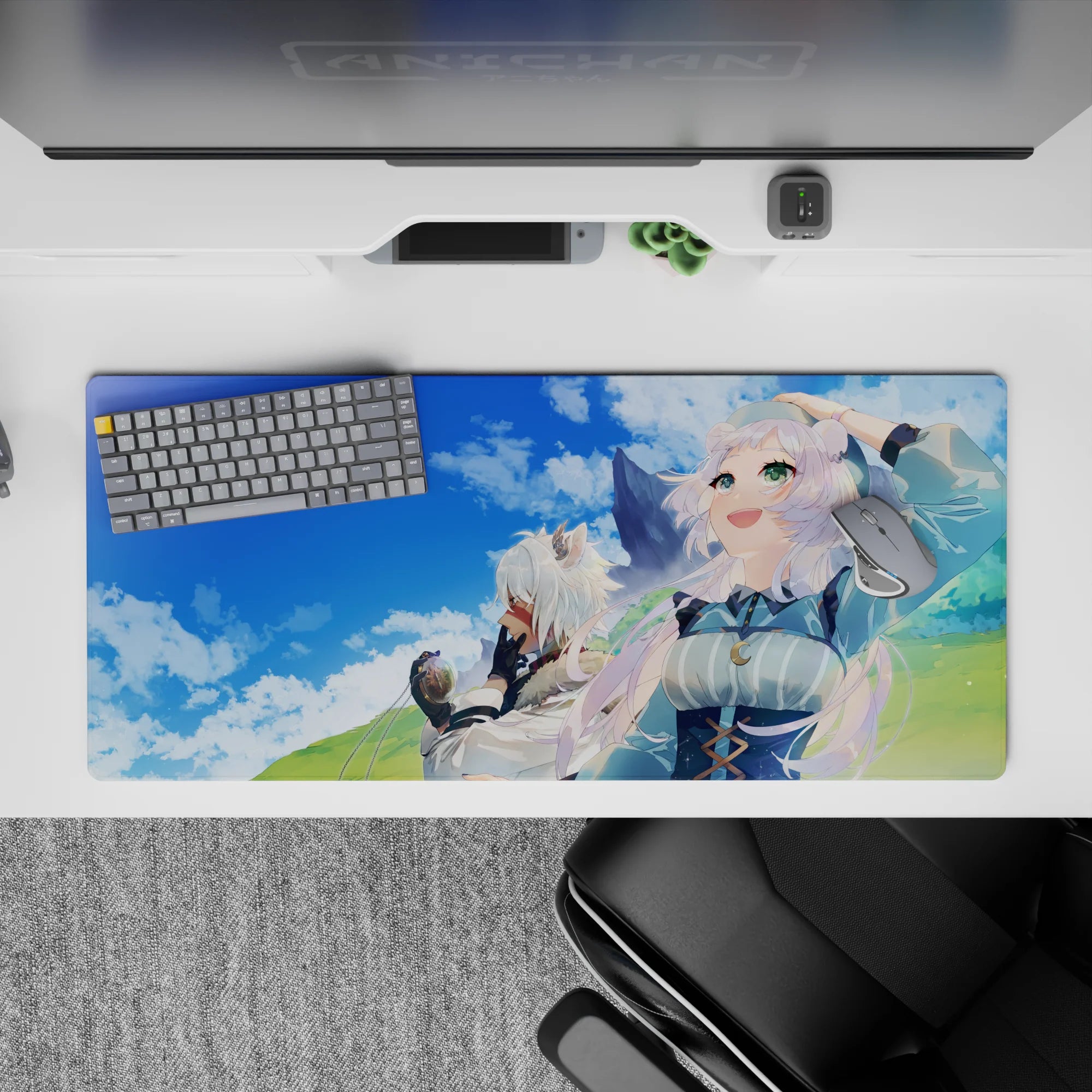 Pastel cozy adventure anime desk pad 36x16 inches, bright blue sky and soft green hills vibe.