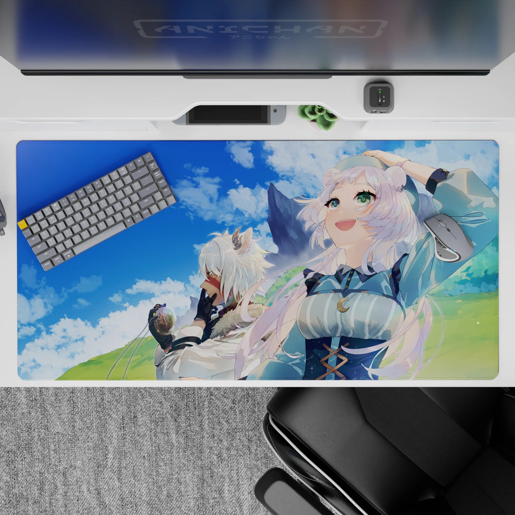 40x20 inches pastel fantasy desk pad, cozy adventure mood with soft colors, breezy hair, clean print.