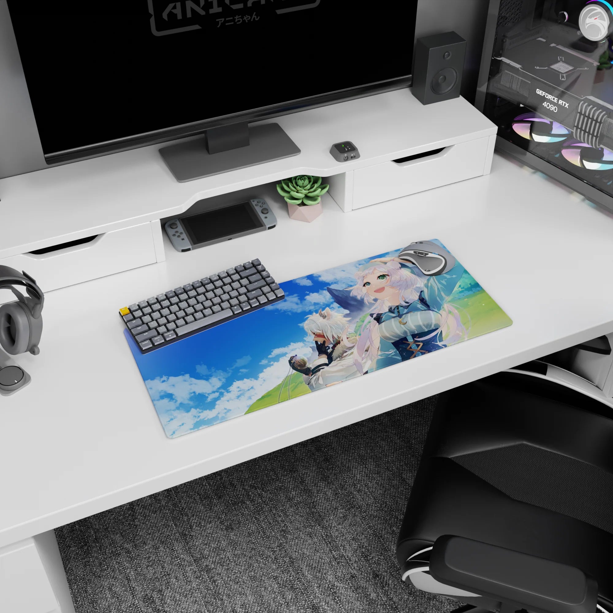 28x12 inches anime desk mouse pad featuring a white-haired duo, one with animal ears, in a windy hillside scene.