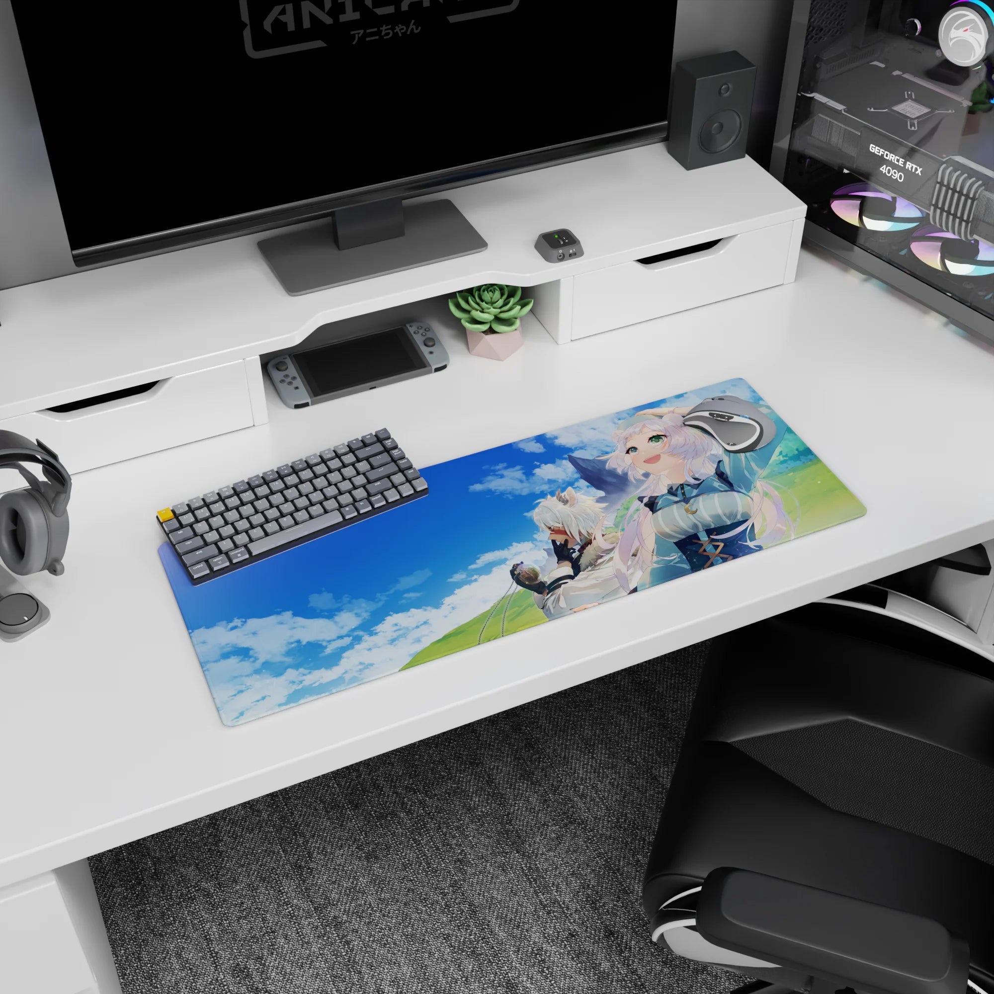 32x12 inches anime girl mouse pad featuring two dreamy white-haired girls, one with animal ears, in a fantasy field.