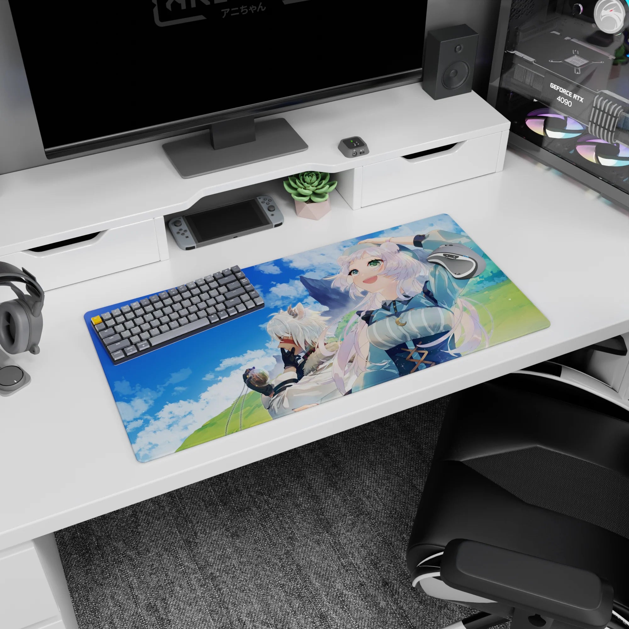 Two white-haired anime girls, one with animal ears, on a 32x16 inches mouse pad in a rolling hill scene.