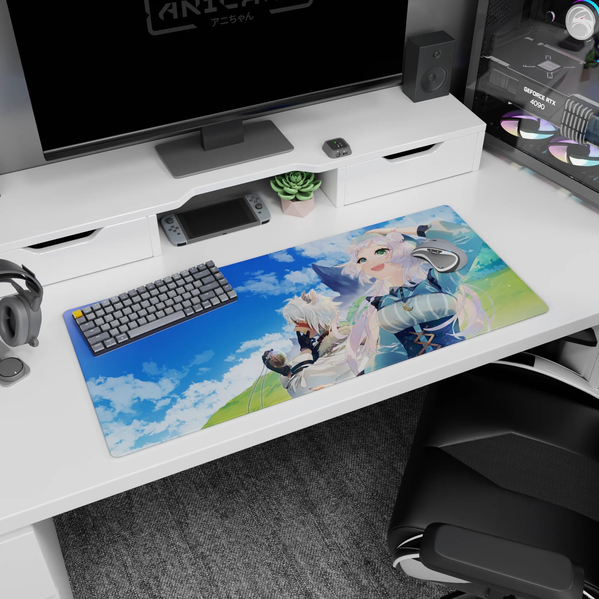36x16 inches anime desk pad featuring two dreamy white-haired girls, one with animal ears, windswept hair.