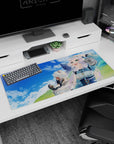 36x16 inches anime desk pad featuring two dreamy white-haired girls, one with animal ears, windswept hair.