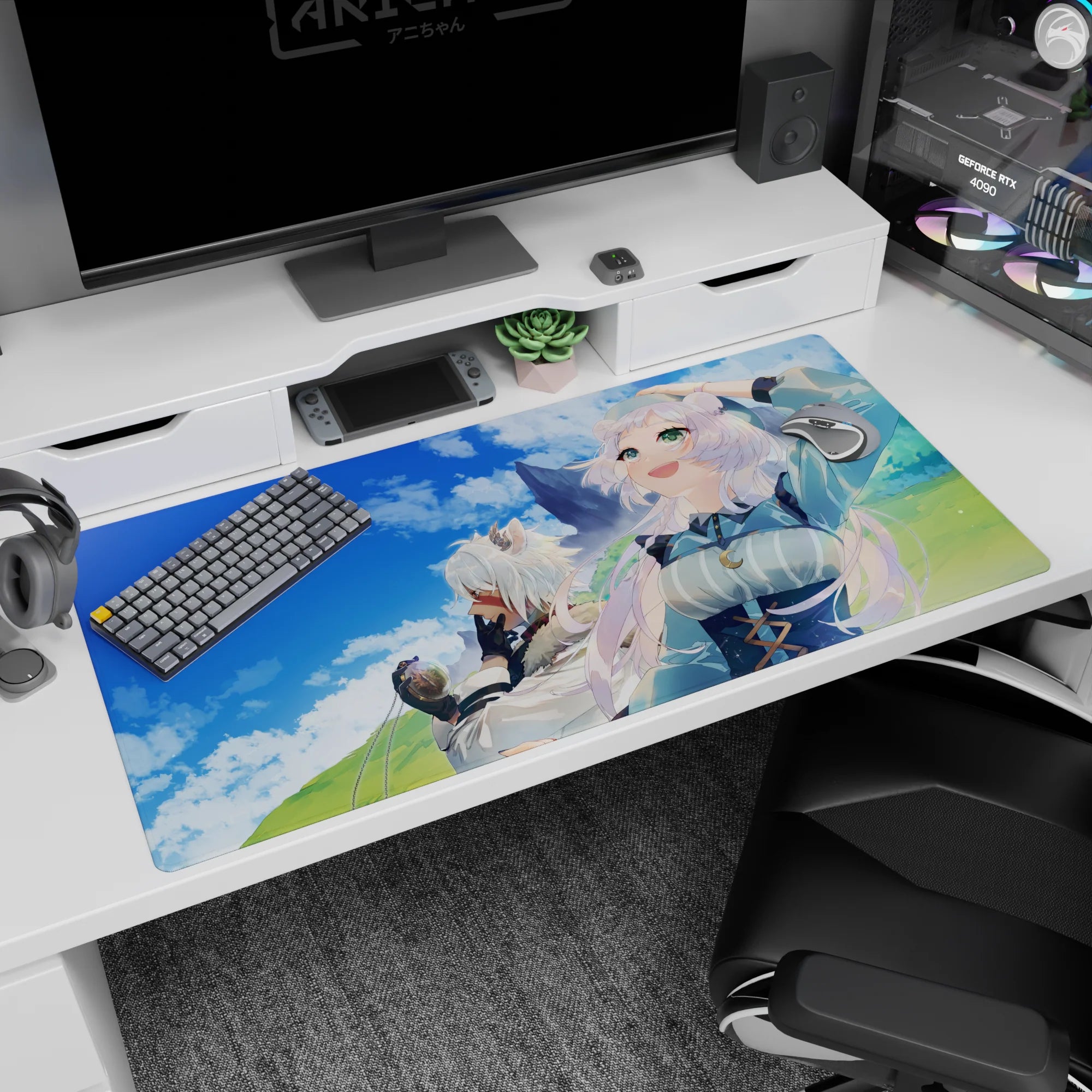 40x20 inches anime desk pad featuring a white-haired girl with animal ears and her friend in a windy hillside scene.