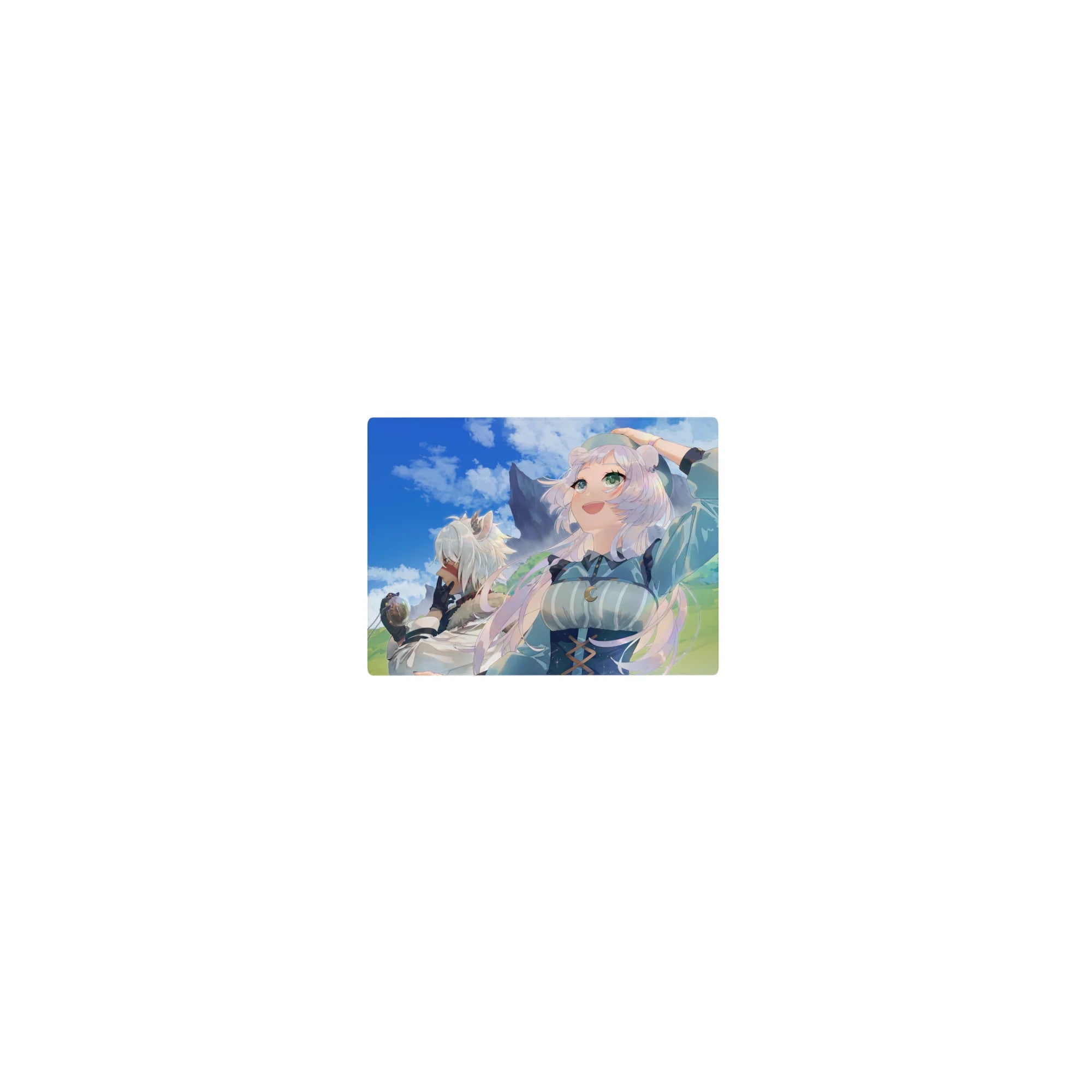 Classic anime girl mouse pad 14x10 inches with two white-haired girls on green hills under blue sky.