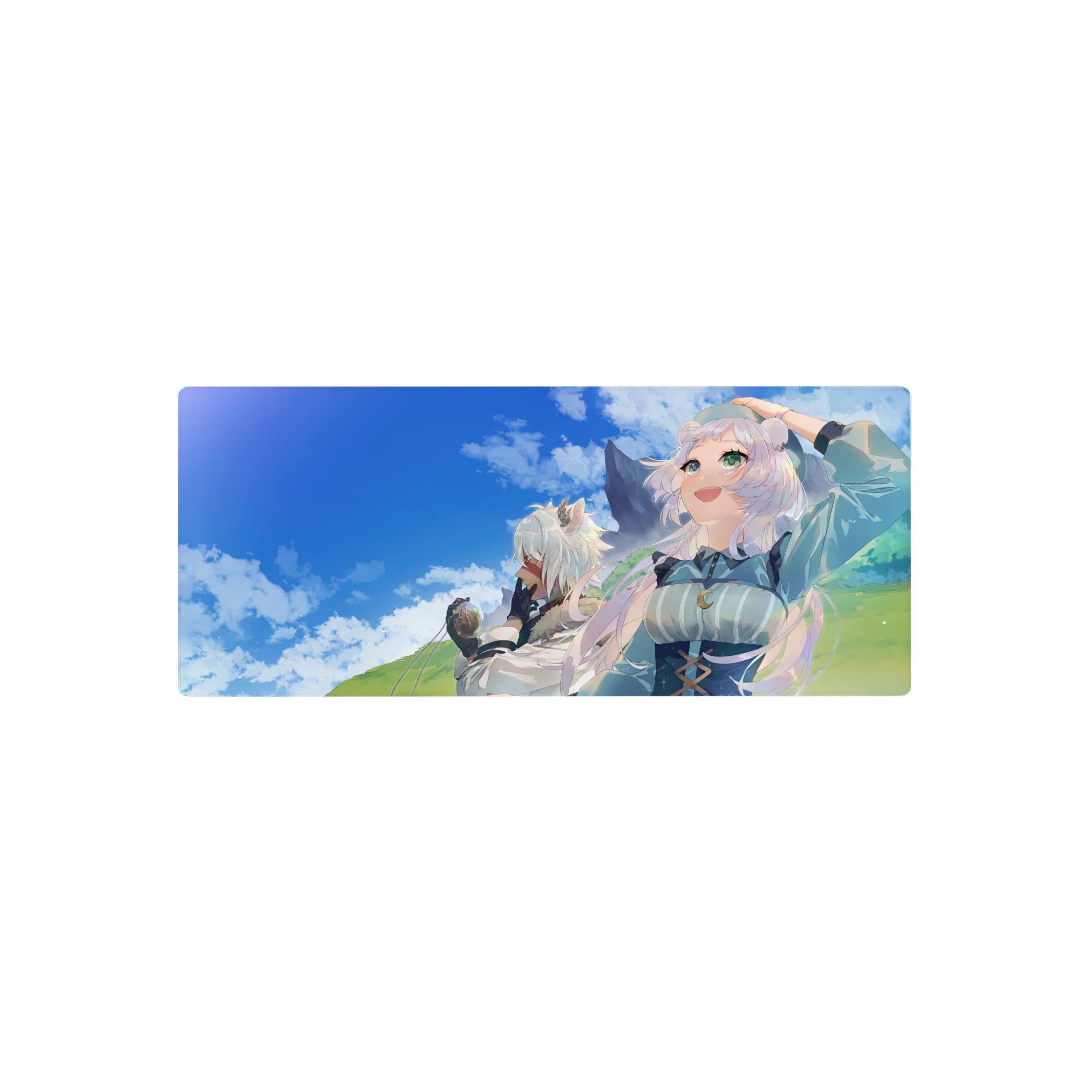 28x12 inches anime girl mouse pad with two white-haired girls on green hills under a bright blue sky.